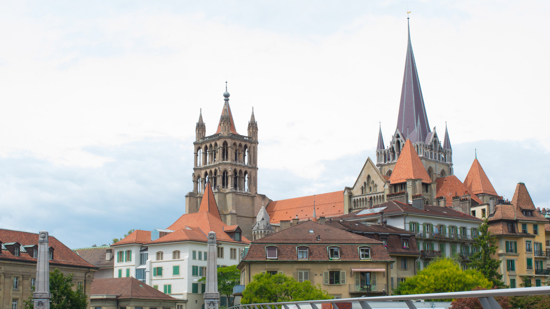 street view of Lausanne ancient buildings and cathedral