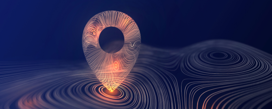 A glowing digital location pin sits on topographic contour lines against a dark blue background, representing geolocation or digital mapping.