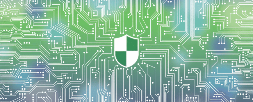 A white and green shield icon is centered on a background of circuit board lines, symbolizing cybersecurity or digital protection.