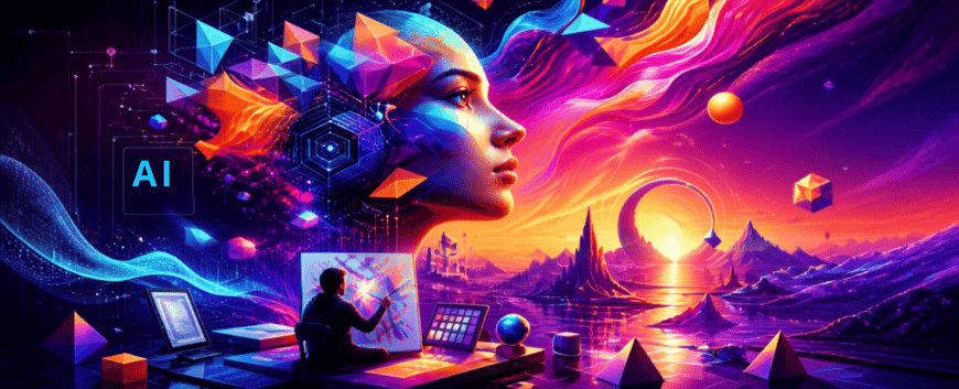 A person works at a digital station in a vibrant, futuristic landscape with a large abstract human face, geometric shapes, and an AI symbol in the background.