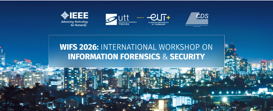 Image of cityscape at night with the text "WIFS 2026: International Workshop on Information Forensics & Security"