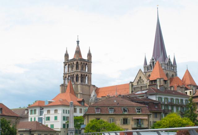 street view of Lausanne ancient buildings and cathedral