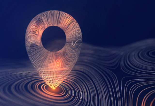 A glowing digital location pin sits on topographic contour lines against a dark blue background, representing geolocation or digital mapping.