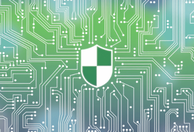 A white and green shield icon is centered on a background of circuit board lines, symbolizing cybersecurity or digital protection.