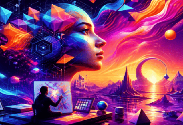 A person works at a digital station in a vibrant, futuristic landscape with a large abstract human face, geometric shapes, and an AI symbol in the background.