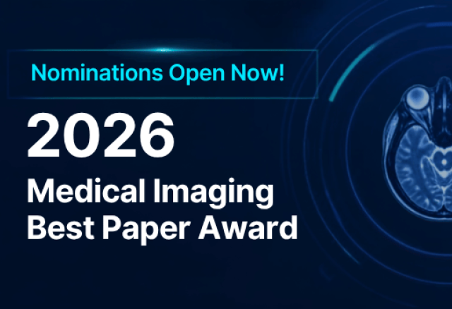 Banner announcing “2026 Medical Imaging Best Paper Award” with “Nominations Open Now!” and an illustration of a brain scan on a dark blue background.
