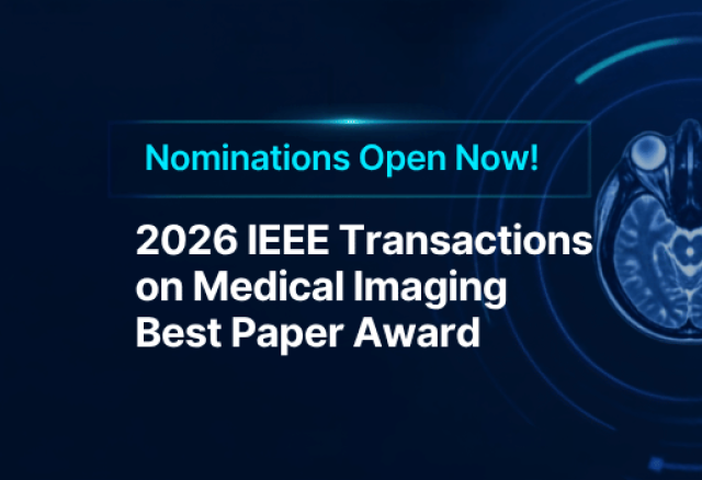 The text "2026 IEEE Transactions on Medical Imaging Best Paper Award" with MRI cross-section in background