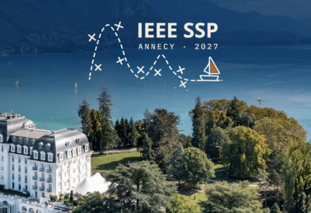 A large hotel on the shore of Lake Annecy with an overlay featuring the text “IEEE SSP ANNECY 2027” and a graphic of a sailboat on a dotted path.